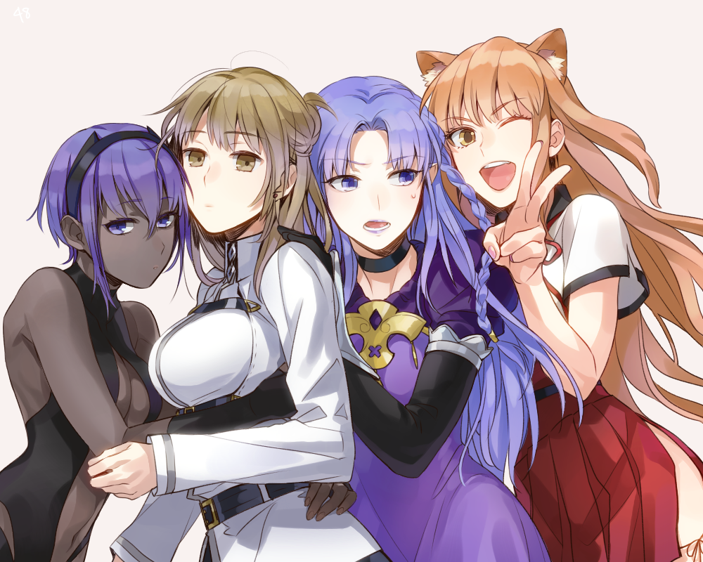 4girls animal_ears black_hairband black_leotard braid breasts brown_eyes brown_hair chaldea_uniform cleavage commentary_request dark-skinned_female dark_skin expressionless fate/grand_order fate_(series) fox_ears hair_bun hairband hassan_of_serenity_(fate) large_breasts leotard medea_(caster)_(fate) medea_(fate) medium_breasts multiple_girls open_mouth orange_hair original purple_eyes purple_hair shibakou side_braid side_slit single_hair_bun smile suzuka_gozen_(fate) sweatdrop v very_dark_skin yellow_eyes