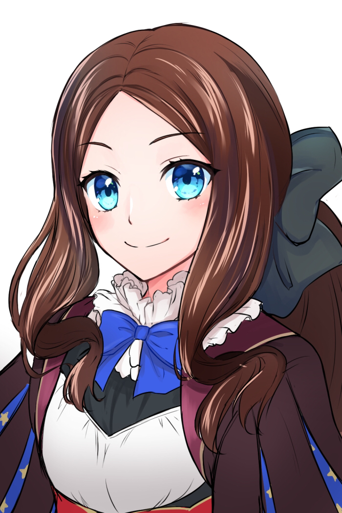 1girl black_bow blue_bow blue_bowtie blue_eyes bow bowtie brown_hair commentary_request curly_sidelocks fate/grand_order fate_(series) leonardo_da_vinci_(fate) leonardo_da_vinci_(fate/grand_order) leonardo_da_vinci_(rider)_(fate) leonardo_da_vinci_(rider)_(first_ascension)_(fate) smile solo torinonest upper_body