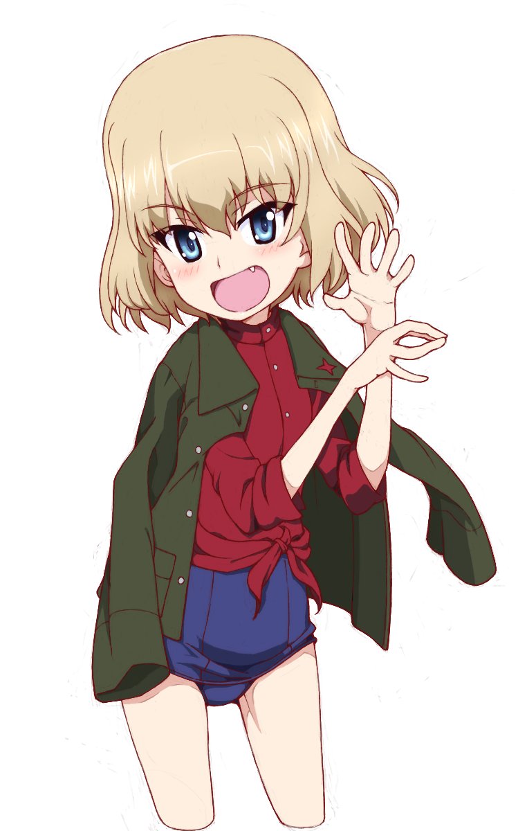 1girl blonde_hair blue_eyes blue_one-piece_swimsuit blush fang girls_und_panzer highres katyusha_(girls_und_panzer) kayabakoro looking_at_viewer military_uniform one-piece_swimsuit open_mouth pravda_military_uniform short_hair smile solo swimsuit