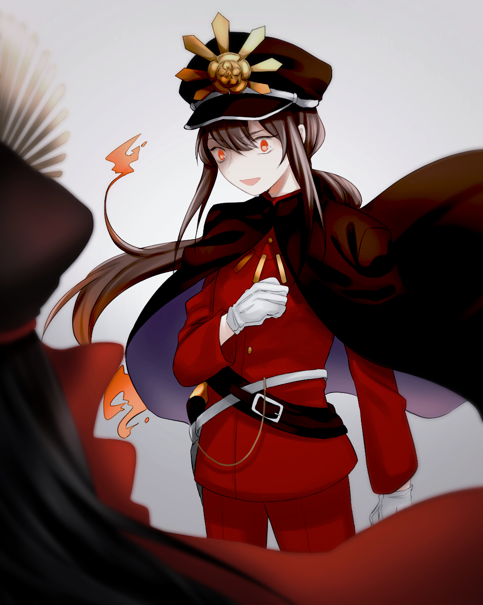 1boy 1girl black_hair black_hat brother_and_sister commentary_request fate/grand_order fate_(series) fiery_hair gloves hat highres long_hair military_hat military_uniform oda_nobukatsu_(fate) oda_nobunaga_(fate) oda_nobunaga_(koha-ace) open_mouth orange_eyes ponytail siblings smile suzuakks very_long_hair white_gloves