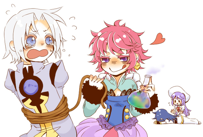 2boys 2girls atwight_eks blue_eyes blue_hair breasts dymlos_timber grey_hair harold_berselius hat heart long_hair multiple_boys multiple_girls open_mouth pierre_de_chaltier pink_hair purple_eyes purple_hair short_hair skirt tales_of_(series) tales_of_destiny tales_of_destiny_2 tongue