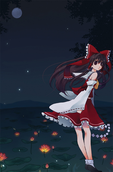 1girl bad_id bad_pixiv_id brown_hair female_focus flower gohei hakurei_reimu japanese_clothes long_hair miko nature outdoors plant ribbon siva skirt sky solo touhou