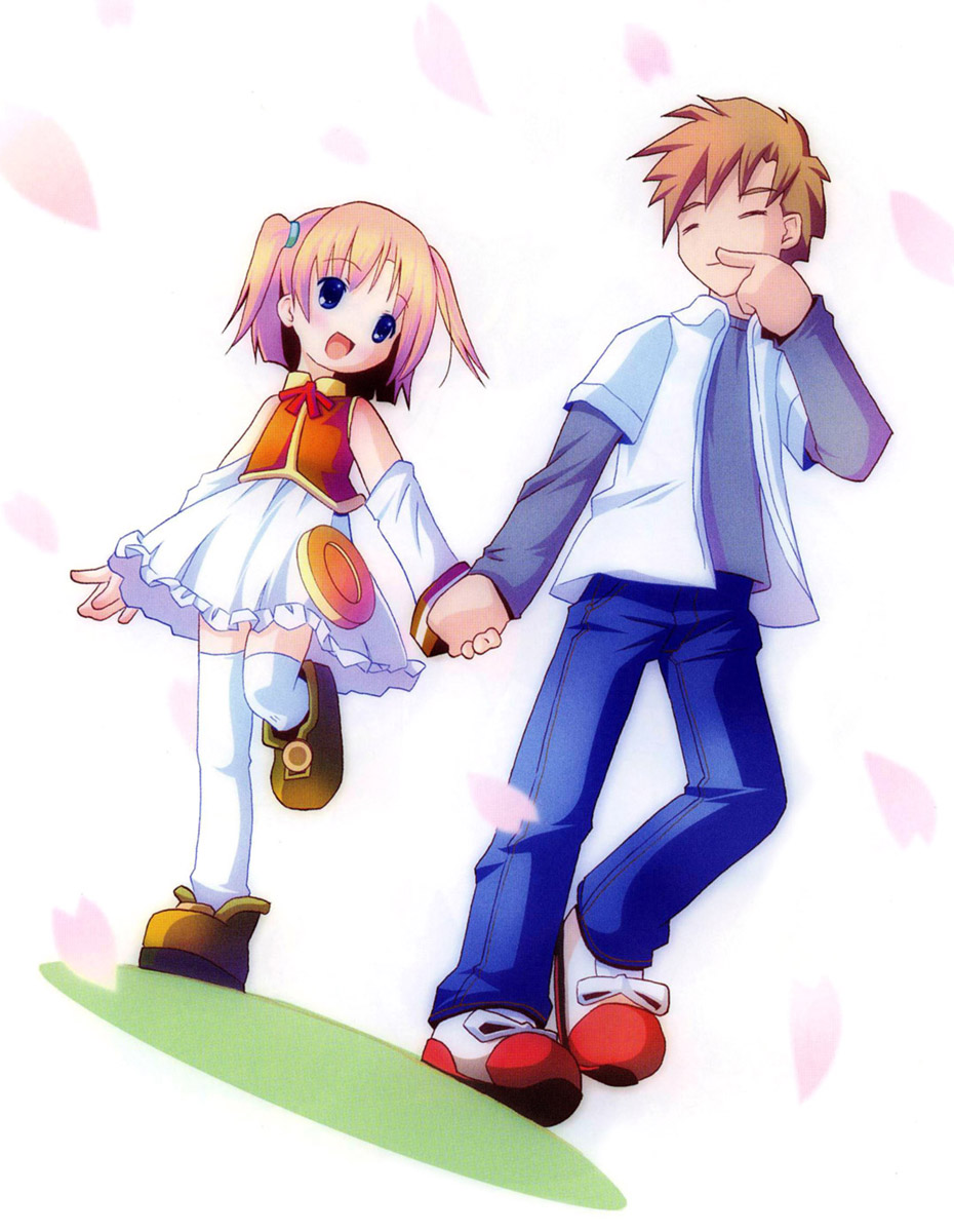 00s blue_eyes buttons detached_sleeves holding_hands highres large_buttons moetan nao-kun nijihara_ink pop thighhighs