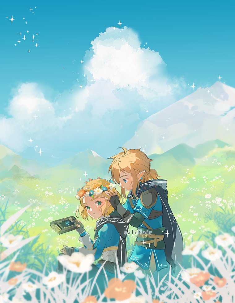 1boy 1girl artist_name black_cape black_gloves blonde_hair blue_eyes blue_shirt blue_sky califlair cape champion&#039;s_tunic_(zelda) cloud cloudy_sky day ear_piercing fingerless_gloves gloves grass green_eyes hill holding hood hooded_cape link looking_at_viewer nintendo outdoors piercing pointy_ears ponytail princess_zelda sheikah_slate shirt short_hair sitting sky the_legend_of_zelda the_legend_of_zelda:_tears_of_the_kingdom
