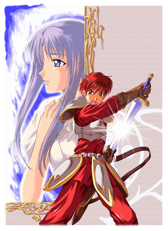 1boy 1girl adol_christin ancient_ys_vanished armor blue_eyes border brown_gloves commentary_request drawing_sword feena_(ys) gloves holding holding_sword holding_weapon long_sleeves looking_ahead looking_at_viewer open_mouth pants parted_lips purple_hair red_hair red_pants red_tunic retro_artstyle short_hair sword tunic weapon white_border xiacheng_tatsuya ys