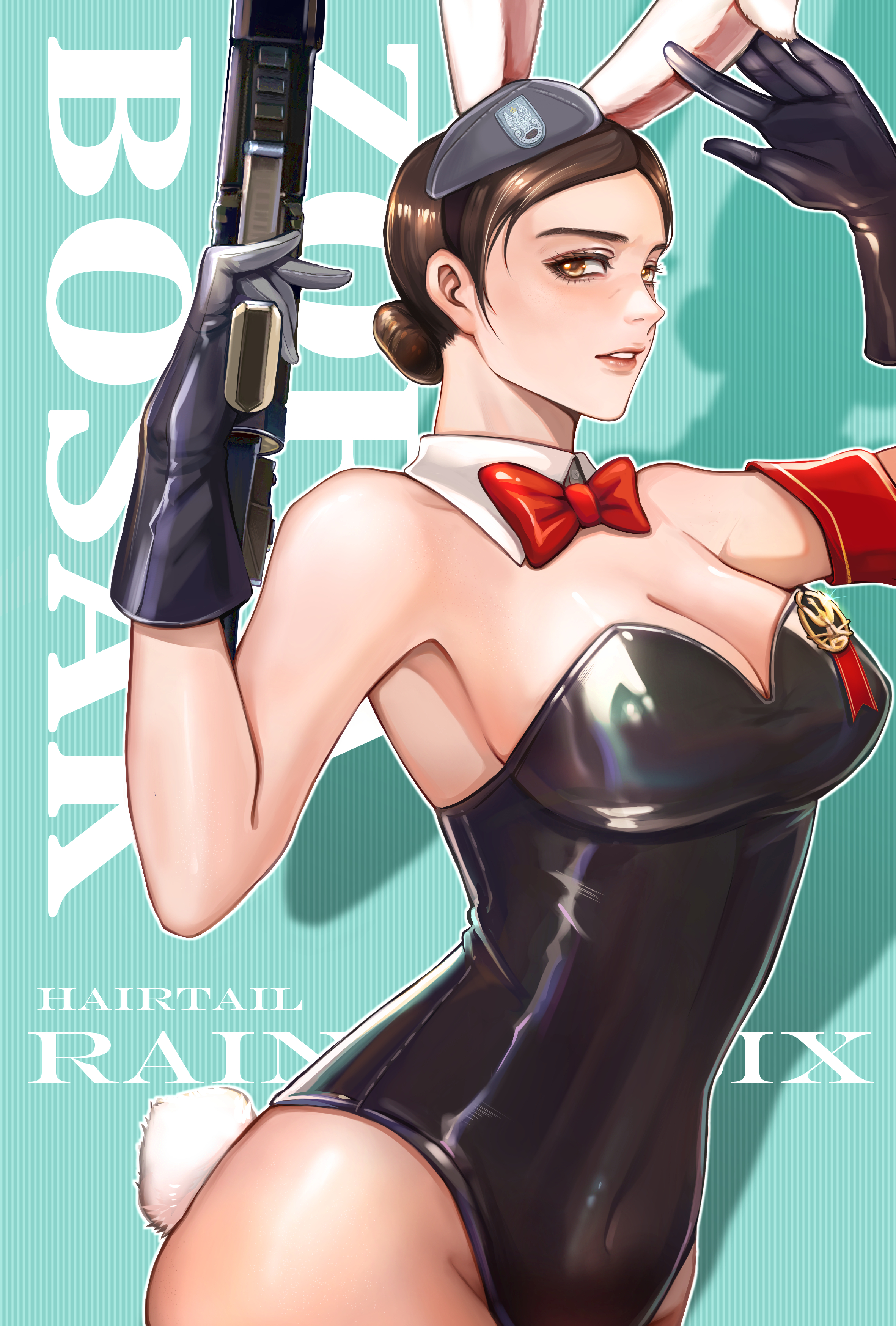 1girl absurdres animal_ears armband black_gloves bow bowtie breasts brown_eyes brown_hair cleavage covered_navel detached_collar fake_animal_ears fake_tail gloves gun hairtail hat highres holding holding_gun holding_weapon leotard medal playboy_bunny rainbow_six rainbow_six_siege red_bow red_bowtie solo tail weapon zofia_(rainbow_six_siege)