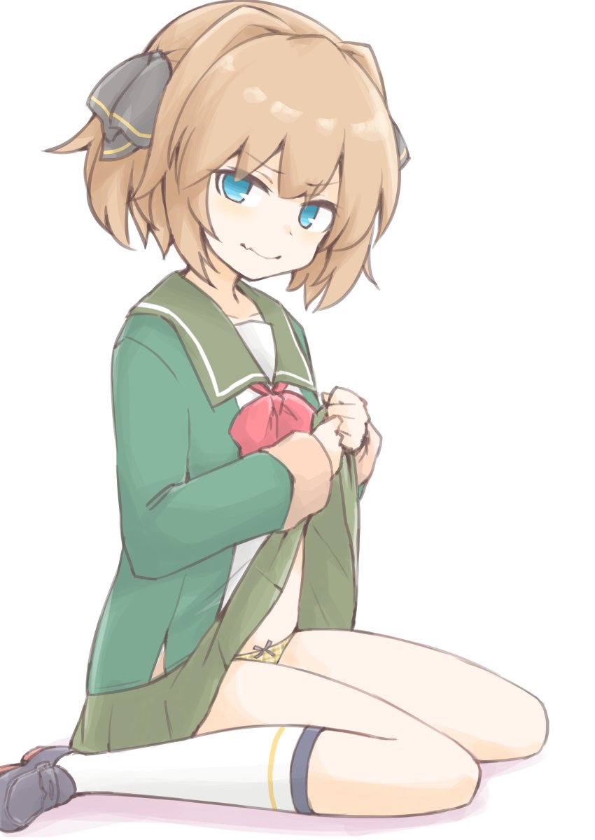 1girl akara_kai black_ribbon blue_eyes brown_hair green_jacket green_sailor_collar green_skirt hachijou_(kancolle) hair_ribbon highres jacket kantai_collection long_sleeves looking_at_viewer neck_ribbon panties plaid_clothes plaid_panties pleated_skirt red_ribbon ribbon sailor_collar school_uniform serafuku short_hair simple_background sitting skirt socks solo underwear wariza white_background white_socks yellow_panties