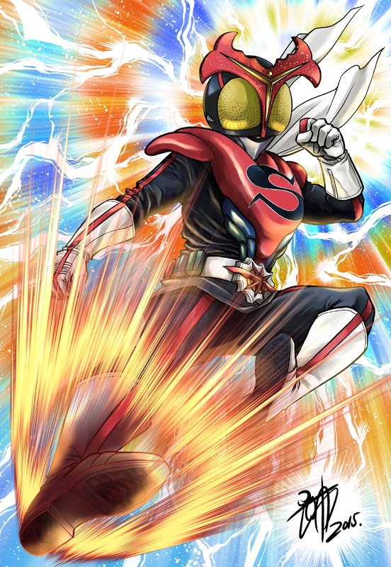 1boy armor black_bodysuit bodysuit boots flying_kick gloves kamen_rider kamen_rider_stronger kamen_rider_stronger_(series) kicking male_focus midair red_armor rider_belt rider_kick solo werou white_boots white_gloves
