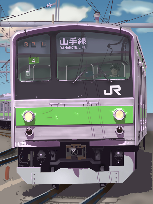 1boy black_hair blue_sky cloud cloudy_sky e-i-k east_japan_railway_company hat japan_railways jr_205_series long_sleeves multiple_unit_train overhead_line peaked_cap power_lines railroad_tracks road short_hair sky train train_conductor utility_pole vehicle_focus wipers