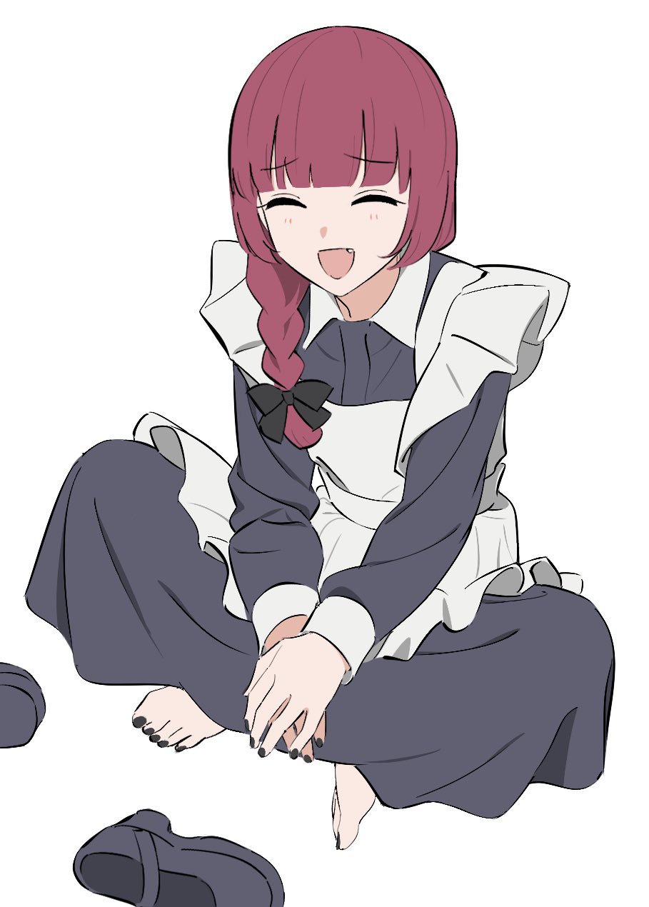 1girl alternate_costume apron barefoot black_dress black_nails black_shoes blunt_bangs bocchi_the_rock! bow braid closed_eyes dress facing_viewer fang full_body hair_bow hair_over_one_eye highres hiroi_kikuri kashiwa_(iersansi) long_hair long_sleeves nail_polish open_mouth red_bow red_hair shoes simple_background single_braid sitting solo toenail_polish toenails unworn_shoes white_apron white_background