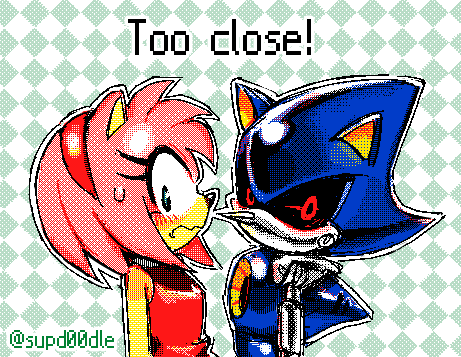 1boy 1girl 9474s0ul amy_rose animal_ears animal_nose animated animated_gif black_sclera blush colored_sclera commentary dress embarrassed english_commentary flipnote_studio_(medium) furry furry_female furry_male furry_with_furry green_eyes hairband hedgehog_boy hedgehog_girl hetero humanoid_robot jaggy_lines lowres metal_sonic pink_fur red_dress red_eyes red_hairband robot shy sonic_(series)