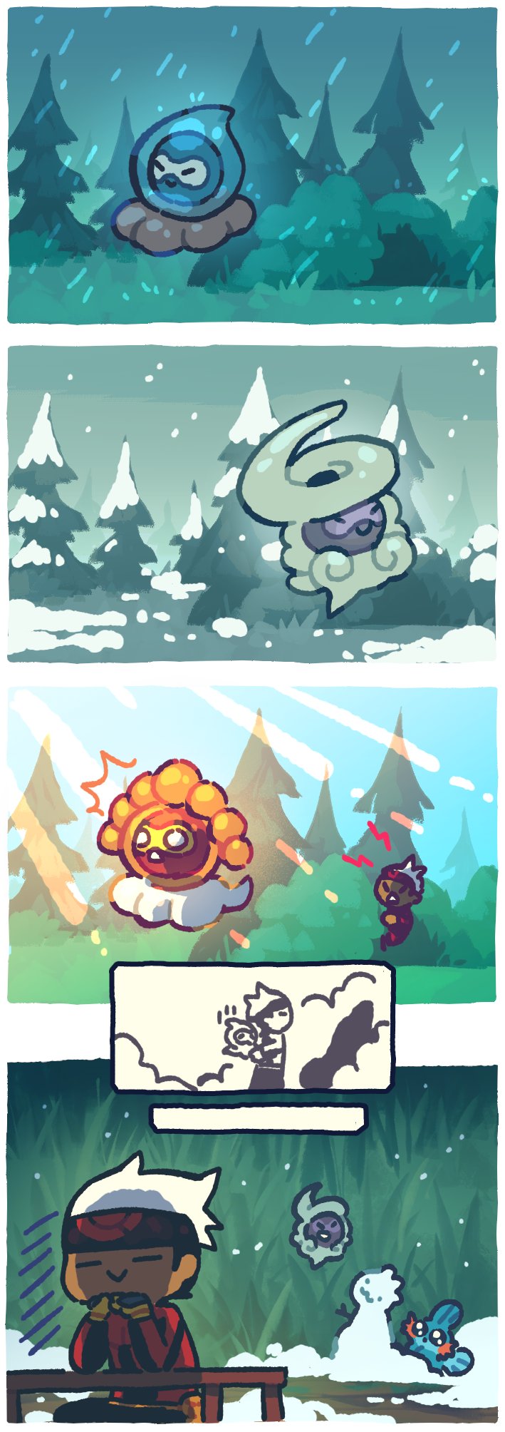 1boy 4koma :&gt; beanie border brendan_(pokemon) bush castform castform_(rainy) castform_(snowy) castform_(sunny) closed_eyes comic commentary cysketch gen_3_pokemon grass hat highres long_sleeves looking_up male_focus mudkip nintendo peeking_out pokemon pokemon_(creature) pokemon_rse rain shirt sitting snow_sculpture snowing table tree white_border white_headwear