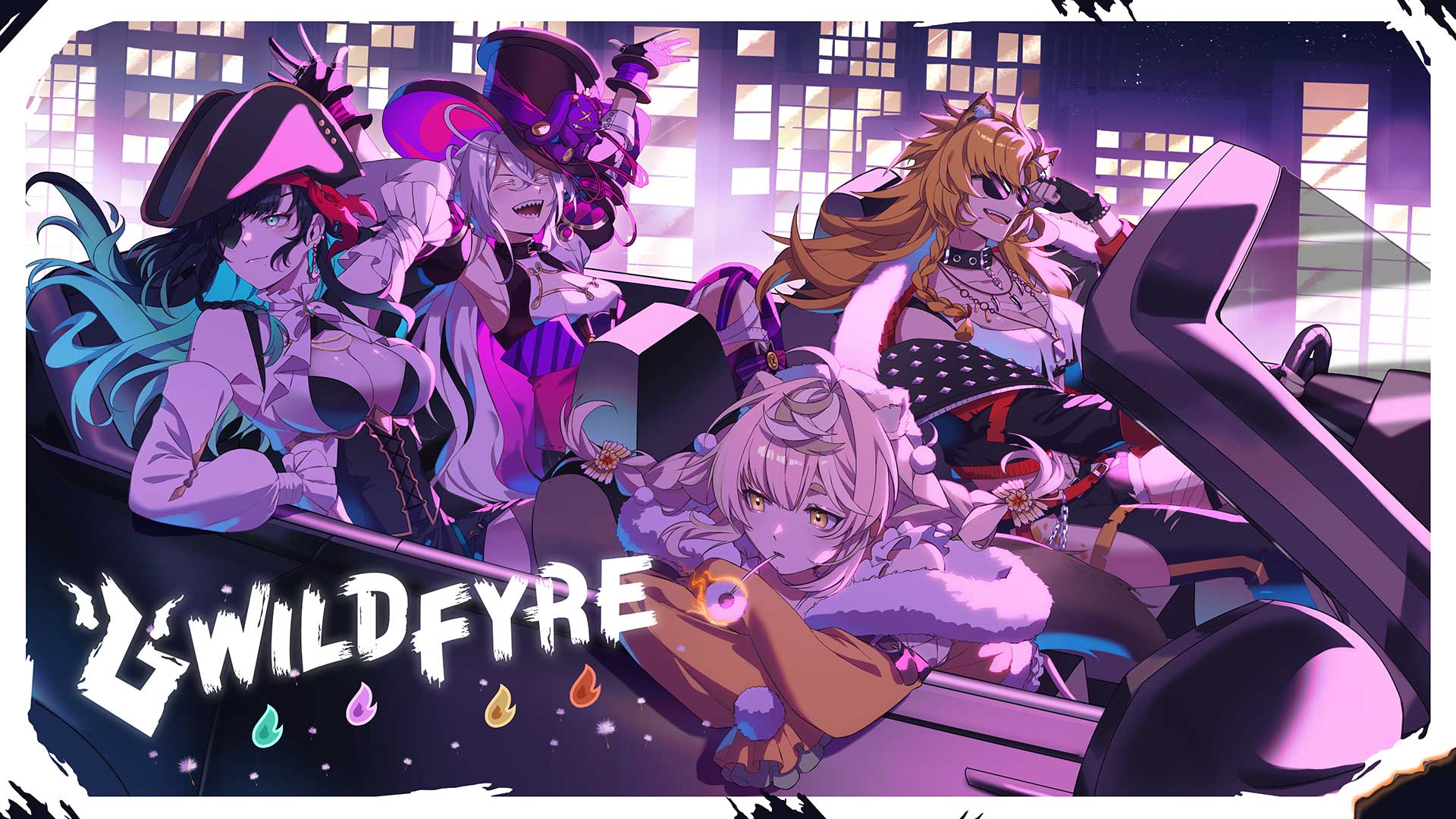 4girls ahoge animal_collar aqua_eyes aqua_hair arm_behind_head arms_up artist_request asymmetrical_clothes bicorne black_bra black_collar black_corset black_gloves black_hair black_hat black_jacket black_pants blue_hair bra breasts building car cersea_soulstorm cleavage closed_eyes closed_mouth collar collarbone colored_inner_hair corset crossed_bangs daisy_dandelion detached_sleeves eyepatch fingerless_gloves gloves grey_hair hair_between_eyes hat highres chromashift jacket jewelry lion_girl long_hair long_sleeves motor_vehicle multicolored_hair multiple_girls necklace night open_clothes open_jacket open_mouth open_shirt orange_hair pants pink_hair pom_pom_(clothes) riki_poppet sharp_teeth shirt single_pantsleg skyscraper studded_jacket stuffed_animal stuffed_rabbit stuffed_toy sunglasses tank_top teeth torn_clothes torn_tank_top underwear virtual_youtuber white_shirt white_tank_top yellow_eyes yena_youngblood