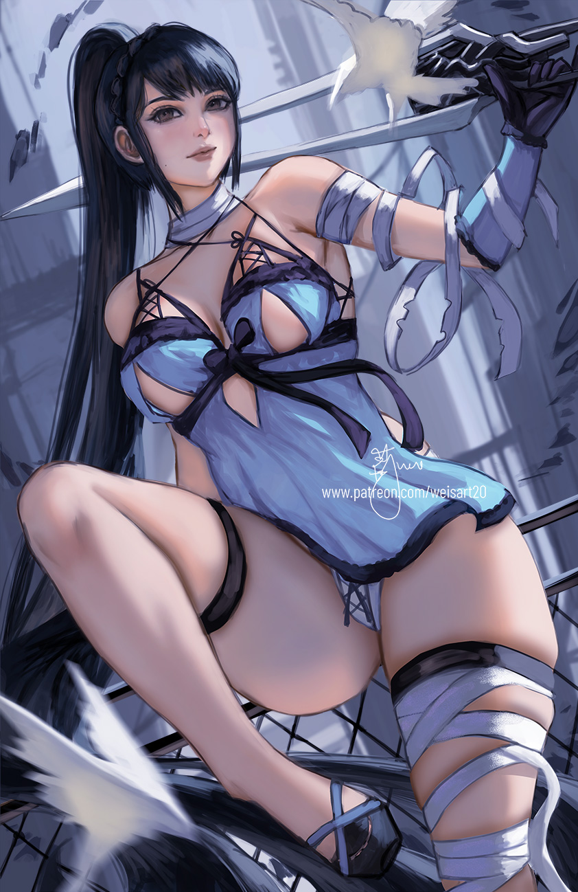 1girl alternate_costume bandaged_arm bandaged_leg bandages bare_shoulders black_hair breasts brown_eyes cosplay eve_(stellar_blade) highres holding holding_sword holding_weapon kaine_(nier) kaine_(nier)_(cosplay) lingerie long_hair looking_at_viewer medium_breasts negligee nier nier_(series) official_alternate_hairstyle panties ponytail solo stellar_blade sword underwear very_long_hair weapon wei_(promise_0820)