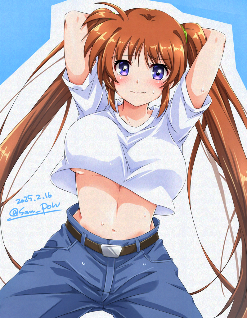 1girl arms_up artist_name belt blush bouncing_breasts breasts brown_hair buckle dated denim eyebrows_hidden_by_hair jeans long_hair looking_at_viewer lyrical_nanoha mahou_shoujo_lyrical_nanoha_strikers midriff navel pants purple_eyes san-pon shirt short_sleeves sidelocks solo stomach sweat takamachi_nanoha twintails twitter_username underboob wavy_mouth white_shirt