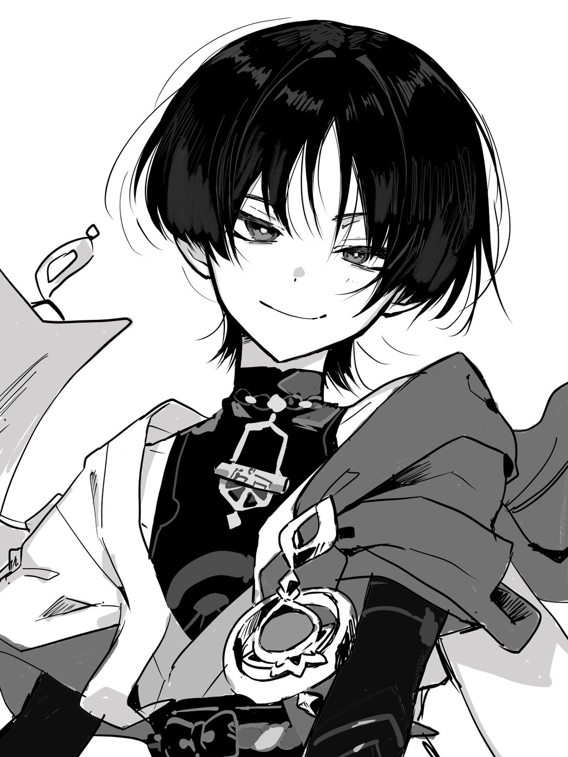 1boy blunt_ends bodysuit bridal_gauntlets buku2_suisou cape collarbone genshin_impact hair_between_eyes hair_intakes head_tilt highres japanese_clothes kimono layered_clothes layered_kimono layered_sleeves looking_at_viewer loose_hair_strand male_focus mandarin_collar monochrome open_clothes open_kimono parted_bangs scaramouche_(genshin_impact) short_sleeves shoulder_peek smile solo upper_body vision_(genshin_impact) wanderer_(genshin_impact) white_background