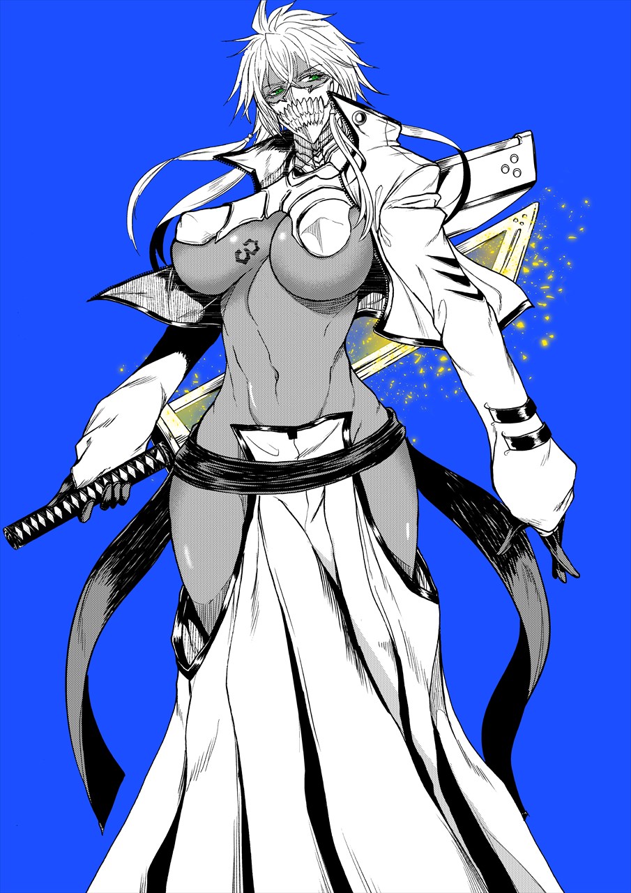1girl arrancar bleach blue_background breast_tattoo breasts commentary_request cropped_jacket dark-skinned_female dark_skin gloves green_eyes hakama hakama_skirt high_collar highres hip_vent jacket japanese_clothes kawabata_yoshihiro large_breasts long_hair looking_to_the_side low-tied_long_hair mask monochrome navel number_tattoo open_clothes open_jacket revealing_clothes reverse_grip skirt skull_mask sleeves_past_wrists solo stomach sword tattoo tier_harribel toned toned_female underboob weapon zipper