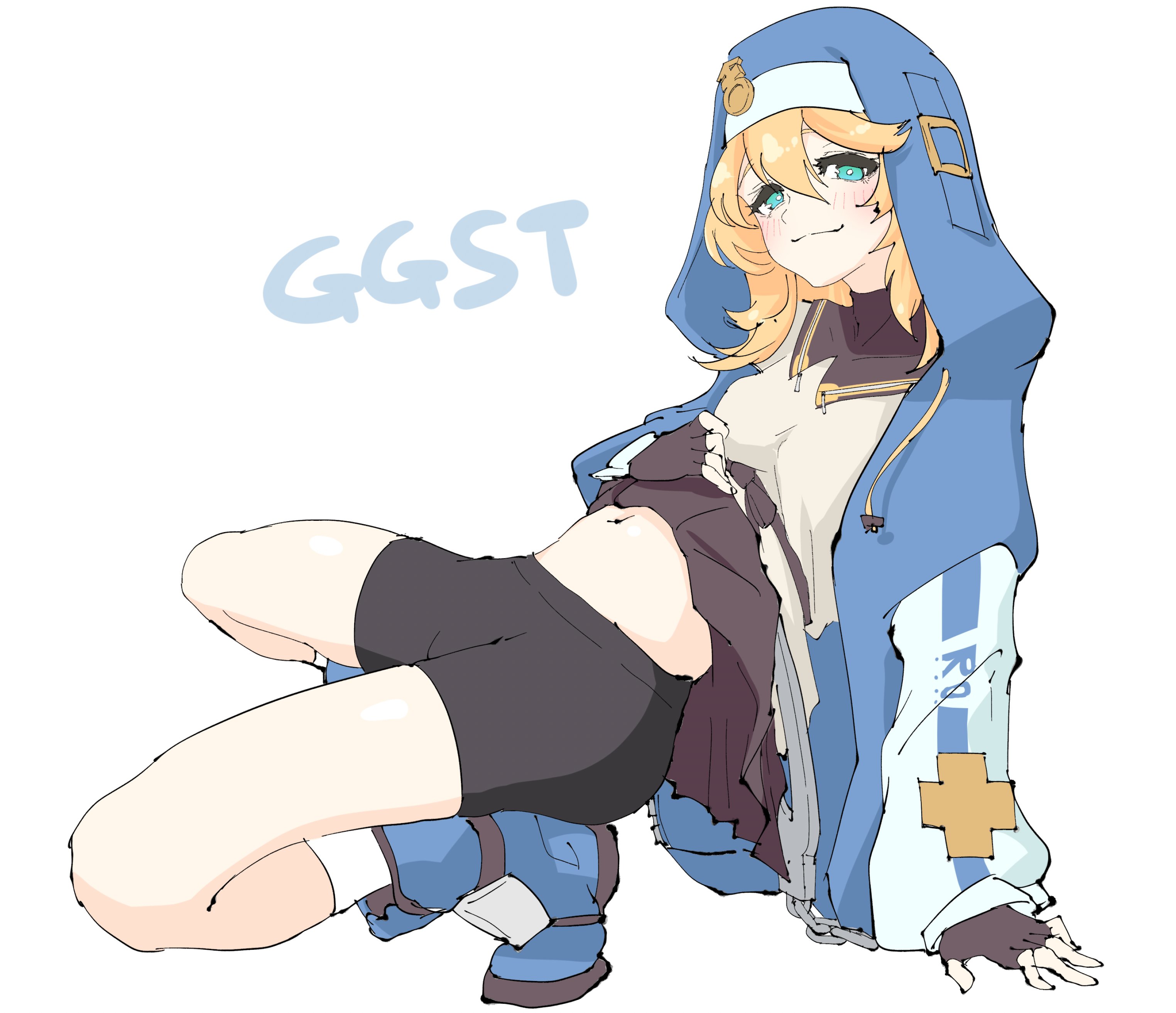1boy :3 absurdres acronym androgyne_symbol aqua_eyes arikui_(ooooalikui) belt belt_buckle black_shorts blonde_hair blue_footwear blue_theme breasts bridget_(guilty_gear) brown_gloves brown_skirt buckle chain closed_mouth clothes_lift commentary_request copyright_name cuffs fingerless_gloves gloves grey_shorts guilty_gear guilty_gear_strive habit hair_between_eyes handcuffs hands_on_ground highres initial leaning_back lifting_own_clothes light_blush long_hair long_sleeves looking_at_viewer midriff multiple_belts navel nun oversized_belt pleated_skirt shiny_skin shorts simple_background sketch skirt skirt_lift small_breasts smug socks solo trap unconventional_belt white_background white_socks
