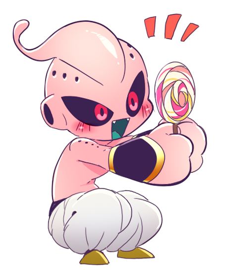 1boy antennae aqua_tongue arms_outstretched black_bracer black_sclera blush bracer candy colored_sclera colored_skin commentary crouching dragon_ball dragonball_z food full_body gold_shoes gold_trim holding holding_candy holding_food holding_lollipop hole_on_body kid_buu lollipop looking_at_object majin_buu male_focus multicolored_hair no_eyebrows notice_lines open_mouth outstretched_arms pants pink_skin red_eyes sharp_teeth shiny_skin shirtless_male shoes simple_background smile solo squatting teeth topless_male transparent_background upper_teeth_only white_pants