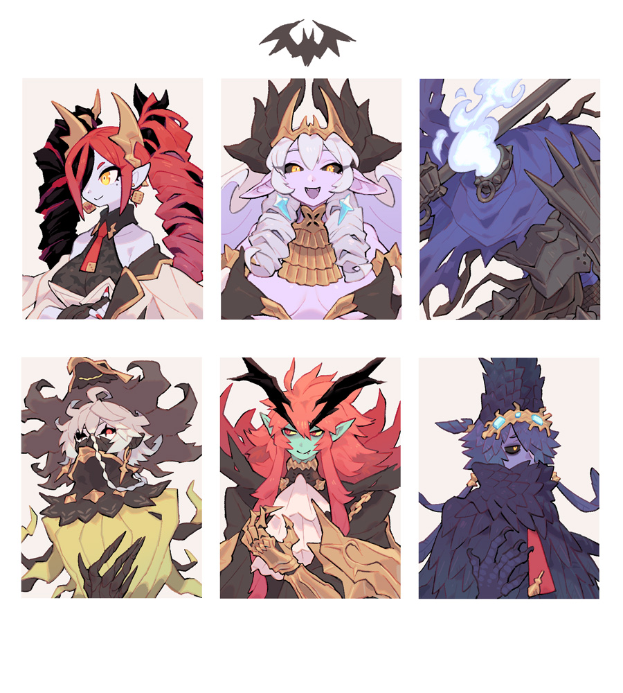 2girls 4boys animal_print armor ascot asymmetrical_bangs asymmetrical_eyes asymmetrical_hair asymmetrical_horns back_cutout backless_dress backless_outfit bare_shoulders bat_(symbol) bat_print bat_symbol bat_wings bird_wings black_armor black_cape black_cloak black_dress black_feathers black_gauntlets black_hair black_horns black_sclera black_wings blue_earrings blue_fire blue_scarf braid breasts cape chain claws cloak closed_mouth clothing_cutout collar colored_sclera colored_skin covered_mouth demon_girl demon_tail demon_wings diamond_(shape) dice dice_earrings dress drill_hair drill_sidelocks dullahan ear_ornament ear_piercing earrings fake_horns fang fang_out feather_ears feather_hair feathered_wings feathers fingerless_gloves fire from_side front_braid full_armor gauntlets gloves gold_armor gold_chain gold_earrings gold_headband gold_headwear gold_horns gold_necklace gold_tiara gold_trim gold_wings green_skin grey_mask grey_skin griffin hair_over_one_eye half-closed_eyes halterneck hand_on_own_chest hand_up hat head_wings headless heterochromia high_collar holding holding_scythe holding_weapon horn_ornament horned_headwear horned_tiara horns inu_fuji jacket jewelry jitome lady_babi_(inu_fuji) large_breasts long_hair looking_ahead looking_at_viewer mammon_(inu_fuji) mask mole mole_under_eye monster_boy mouth_mask multicolored_hair multiple_boys multiple_girls nail_polish neck_fur necklace necktie off-shoulder_jacket off_shoulder open_clothes open_jacket open_mouth original orurutu_(inu_fuji) piercing pointy_ears ponytail pupiless_eyes purple_feathers purple_fur purple_hair purple_skin purple_wings red_cape red_eyes red_hair red_nails red_necktie ronobe_(inu_fuji) ryneion_(inu_fuji) scarf scythe short_dress short_hair shoulder_armor sidelocks sideways_glance simple_background sleeveless sleeveless_dress smile smug smug spiked_collar spikes star_(symbol) star_earrings star_ornament streaked_hair tail talons tiara torn_clothes torn_hat torn_scarf twin_drills two-sided_fabric two-tone_footwear two-tone_hair two-tone_wings upper_body vampire veil vest weapon white_ascot white_background white_hair white_jacket white_skin white_veil white_vest wings xain_(inu_fuji) yellow_cloak yellow_eyes yellow_sclera