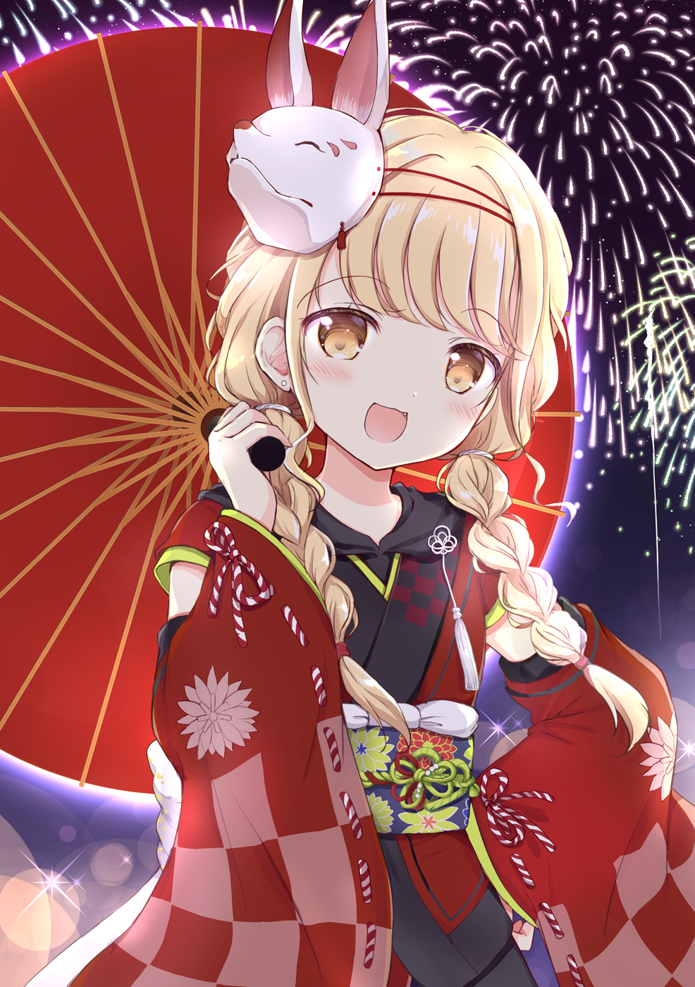 1girl :d aerial_fireworks black_kimono blonde_hair blush braid brown_eyes checkered_clothes commentary_request earrings fireworks fox_mask fujita_kotone gakuen_idolmaster hair_over_shoulder highres holding holding_umbrella idolmaster japanese_clothes jewelry kamurogiku_(idolmaster) kimono long_sleeves looking_at_viewer low_twintails mask mask_on_head nanase_miori night night_sky oil-paper_umbrella open_mouth red_sleeves red_umbrella sky smile solo stud_earrings twin_braids twintails umbrella wide_sleeves zanshomimai