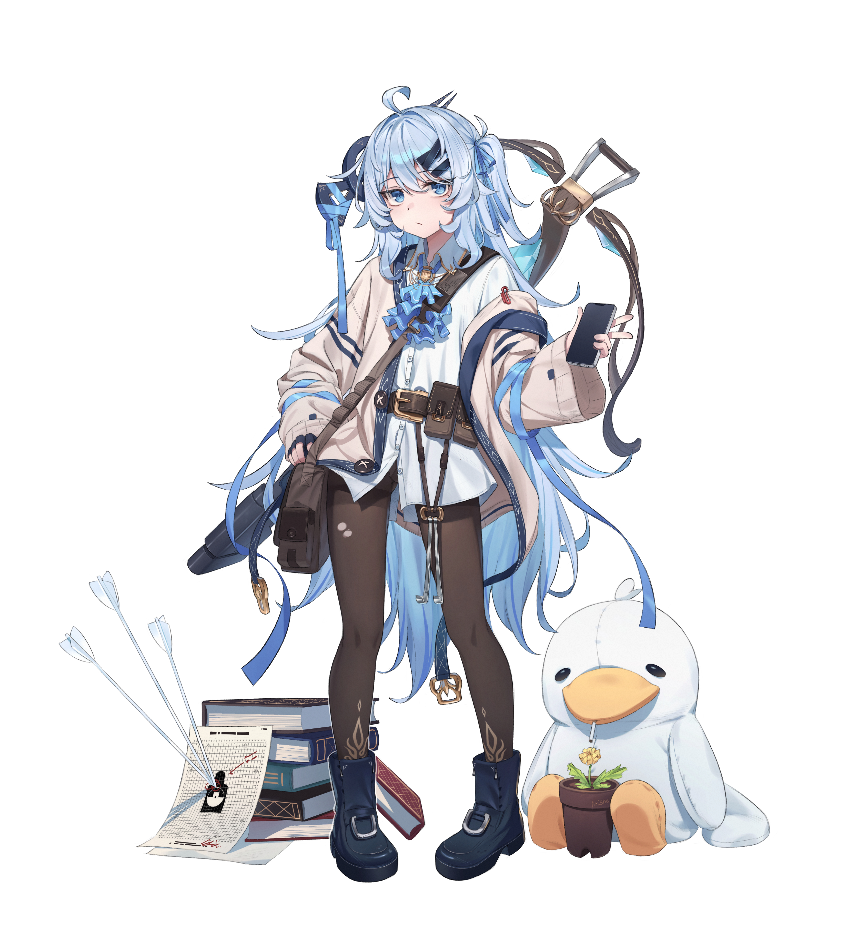 1girl :/ absurdres ahisha_(di_le_to) ahoge arrow_(projectile) ascot bag black_boots black_gloves black_pantyhose blue_ascot blue_eyes blue_hair blue_ribbon book book_stack boots closed_mouth di_le_to fingerless_gloves flower full_body gloves grey_jacket hair_intakes hair_ornament hair_ribbon hair_stick hand_on_own_hip highres holding holding_phone jacket light_frown long_hair looking_at_viewer one_side_up open_clothes open_jacket original panties panties_under_pantyhose pantyhose pantyshot paperclip phone plant potted_plant ribbon shirt shoulder_bag simple_background single_glove solo stuffed_animal stuffed_penguin stuffed_toy tachi-e thighband_pantyhose underwear very_long_hair w white_background white_panties white_shirt yellow_flower