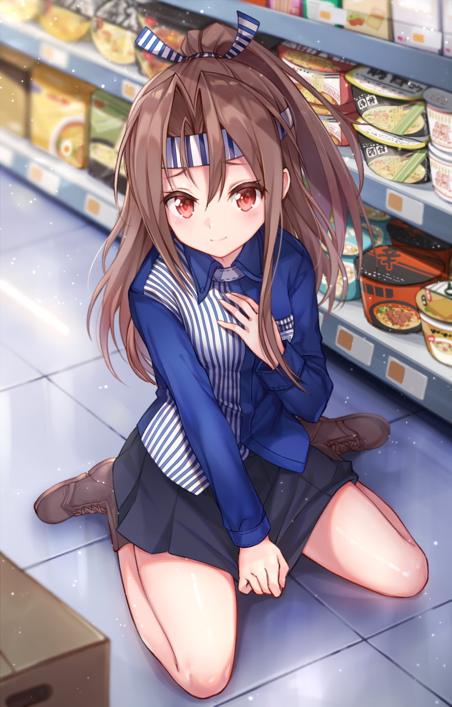 1girl ankle_boots black_skirt blue_ribbon blue_shirt boots brown_boots brown_hair commentary_request cup_ramen donbee_(food) donbei_kitsune_udon donbei_tempura_soba employee_uniform food hachimaki headband high_ponytail highres indoors instant_soba instant_udon japanese_clothes kantai_collection long_hair looking_at_viewer nissin_cup_noodle nissin_donbei noodles official_alternate_costume pack_noodles ponytail ramen red_eyes ribbon shirt sitting skirt skirt_tug smile solo striped_clothes striped_ribbon striped_shirt taro_(ultrataro) tile_floor tiles vertical_stripes wariza white_ribbon zuihou_(kancolle)