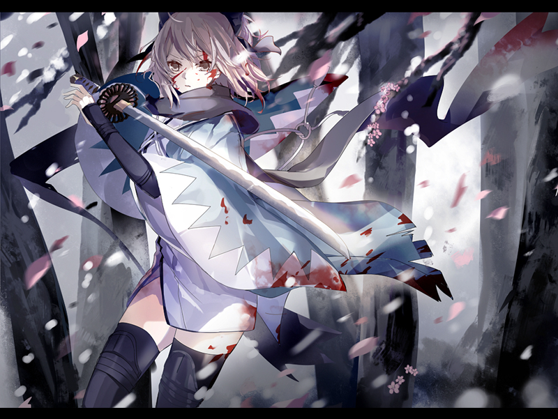 1girl arm_guards armor black_legwear blood blood_on_clothes blood_on_face cherry_blossoms commentary falling_petals fate/grand_order fate_(series) female_focus fighting_stance forest haori holding holding_sword holding_weapon japanese_armor japanese_clothes katana kimono kote letterboxed long_sleeves mamenomoto nature okita_souji_(fate) okita_souji_(koha-ace) petals platinum_blonde_hair scarf shin_guards short_kimono snow snowing solo suneate sword tree weapon wide_sleeves winter yellow_eyes