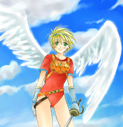 1girl angel_wings armor blonde_hair breath_of_fire breath_of_fire_i capcom female_focus green_eyes hug leotard lowres nina_(breath_of_fire_i) nino_(nino_imo) red_leotard solo sword weapon white_wings wings