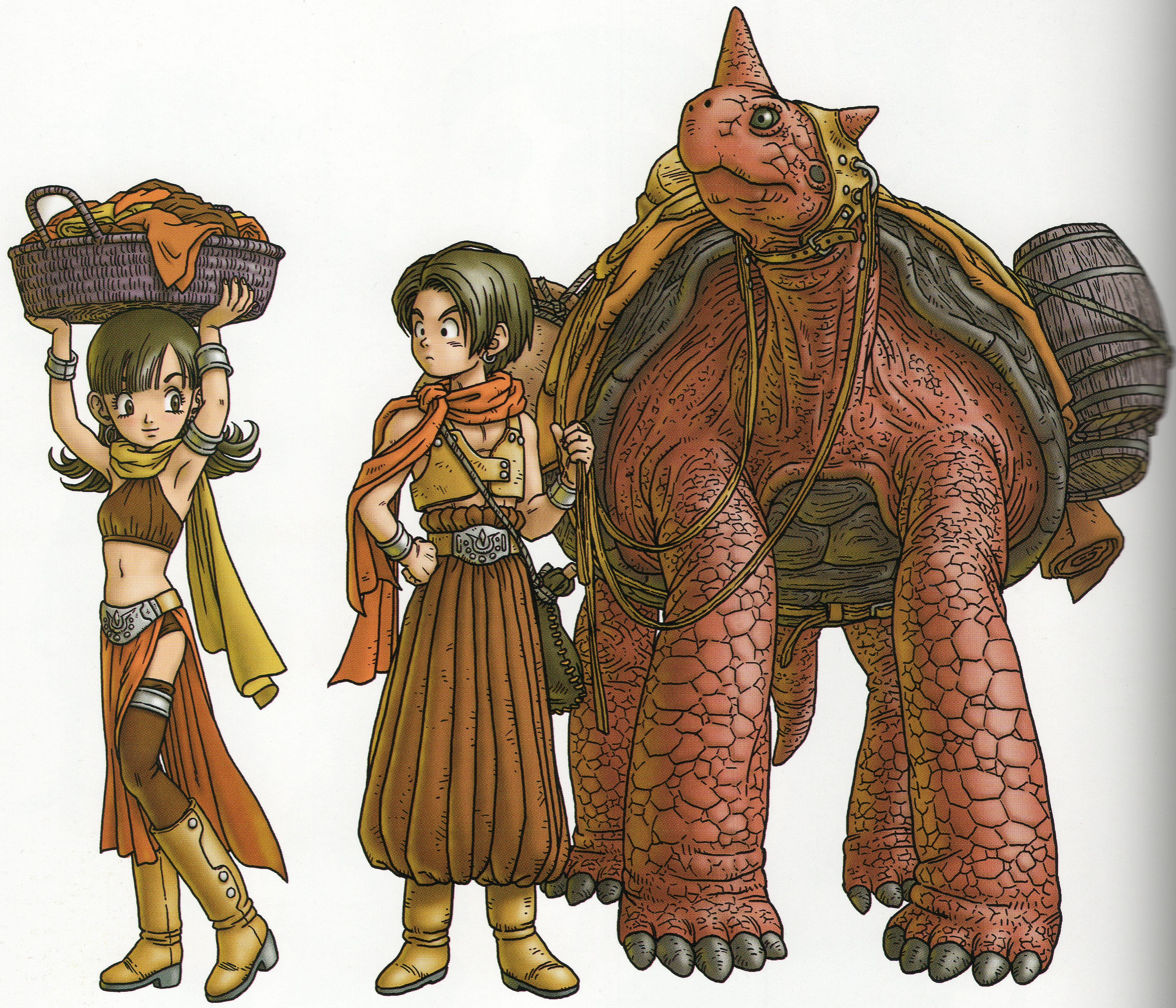 1boy 1girl 1other absurdres armlet arms_up baggy_pants basket black_eyes blunt_bangs boots bracelet brown_boots brown_eyes brown_hair brown_thighhighs brown_vest carrying_overhead dragon_quest dragon_quest_x earrings full_body galapagod hero_(dq10) heroine_(dq10) high-waist_pants highres holding holding_basket hoop_earrings jewelry long_hair looking_at_another looking_to_the_side navel official_art orange_scarf pants parted_hair pelvic_curtain scan scarf short_hair silver_armlet silver_earrings thighhighs third-party_source toriyama_akira vest white_background yellow_scarf