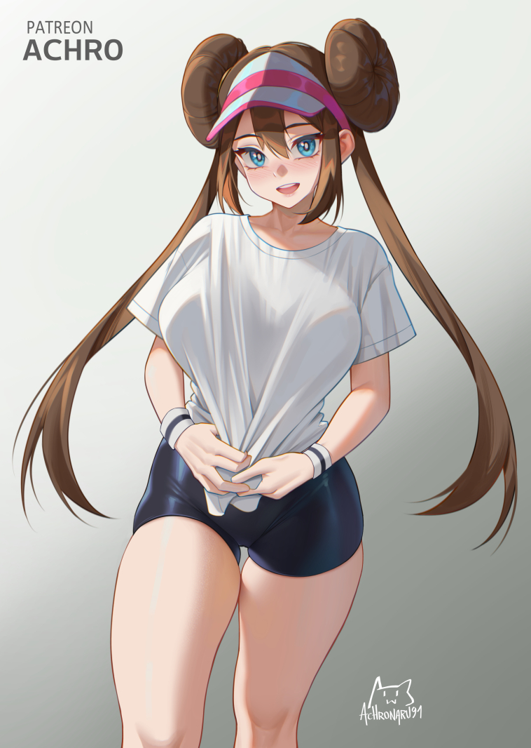achromaru alternate_costume brown_hair donut_hair_bun double_bun hair_bun nintendo pokemon pokemon_bw2 rosa_(pokemon) twintails visor_cap
