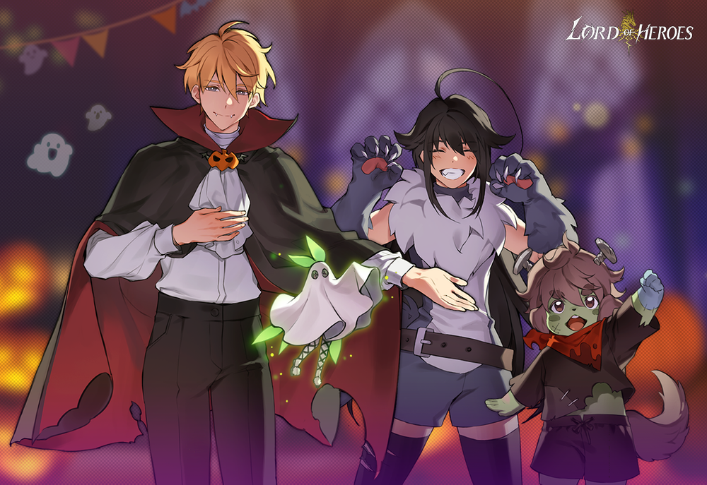 2boys 2girls ahoge animal_ears animal_hands arm_up artist_request black_cape black_hair blonde_hair brown_hair cannae_le_fey cape claw_pose claws closed_eyes commentary_request copyright_name cosplay dog_boy dog_ears dog_tail fangs fangs_out fram_berge frankenstein&#039;s_monster frankenstein&#039;s_monster_(cosplay) ghost_costume green_ribbon halloween halloween_costume johan_talede korean_commentary looking_at_viewer lord_of_heroes multiple_boys multiple_girls object_through_head official_art open_mouth pawpads raised_fist ribbon schneider_(lord_of_heroes) screw_in_head sheet_ghost smile tail third-party_source vampire_costume waving welcoming werewolf_costume