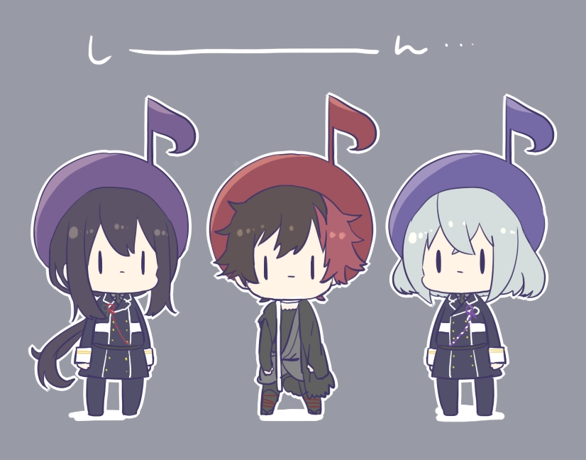 3boys arms_at_sides black_jacket bob_cut boots buttons chibi double-breasted fortissimo full_body goma_sodapop grey_hair hair_ornament hizen_tadahiro honebami_toushirou jacket lineup long_hair long_sleeves looking_at_viewer male_focus multicolored_hair multiple_boys musical_note musical_note_hair_ornament namazuo_toushirou outline pants ponytail purple_jacket purple_pants red_hair short_hair simple_background standing touken_ranbu two-tone_hair very_long_hair white_outline