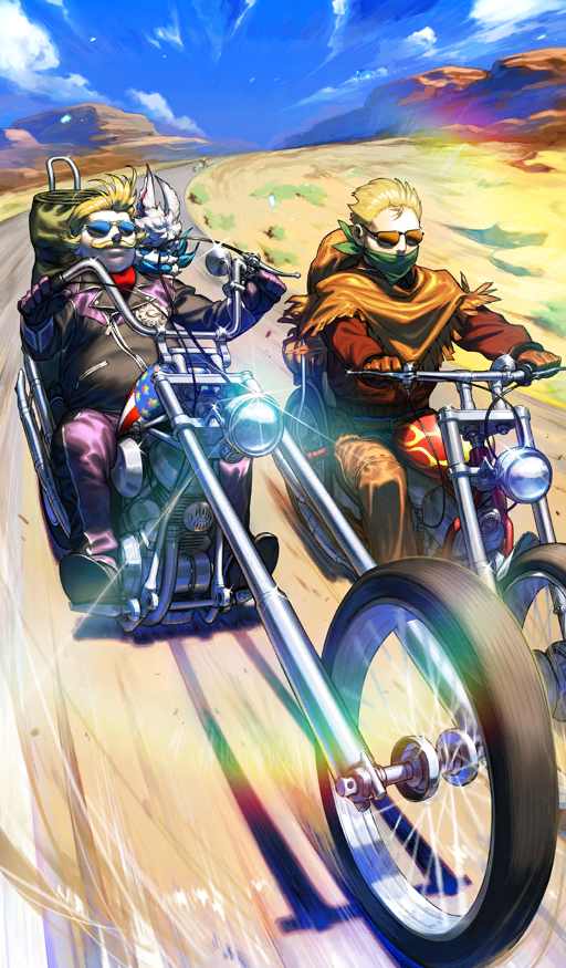 1girl 3boys american_flag american_flag_print ascot azusa_(hws) bandana bandana_over_mouth belt belt_buckle billy_bike_(easy_rider) black_jacket black_shoes blonde_facial_hair blonde_hair blue_bandana blue_pants blue_sky blurry brown_belt brown_gloves brown_hat buckle cameo captain_america_bike_(easy_rider) chaldea_logo chaps closed_mouth cloud commentary cowboy_hat cowlick creature day denim depth_of_field desert diffraction_spikes driving facial_hair fat fat_man fate/grand_order fate_(series) flag_print flame_print fou_(fate) glint gloves golden_bear_(fate) goredolf_musik green_bandana hat hat_on_back ishtar_(fate) jacket jeans jingle_abel_meuniere leather leather_jacket long_sleeves male_focus motion_blur motor_vehicle motorcycle multiple_boys mustache official_alternate_costume official_art on_motorcycle orange_poncho outdoors pants poncho purple_gloves purple_pants red_ascot red_jacket sakata_kintoki_(fate) sakata_kintoki_(rider)_(fate) shoes short_hair sitting sky sunglasses sunlight third-party_source unworn_hat unworn_headwear