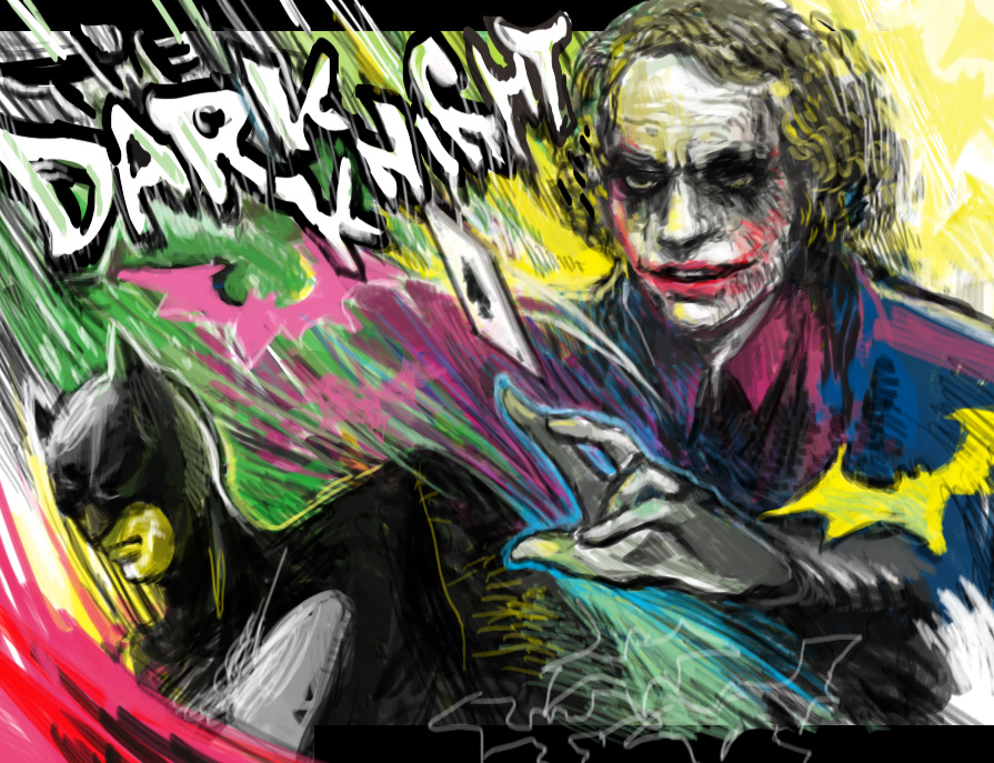 2boys bat_(animal) batman batman_(series) black_bodysuit bodysuit bonocho brown_eyes bruce_wayne card closed_mouth collared_shirt copyright_name dc_comics expressionless facepaint glasgow_smile heath_ledger letty_whiterock makeup male_focus mask multiple_boys outline outstretched_arm parted_lips pink_shirt shirt sketch smile the_dark_knight the_joker upper_body white_outline wing_collar