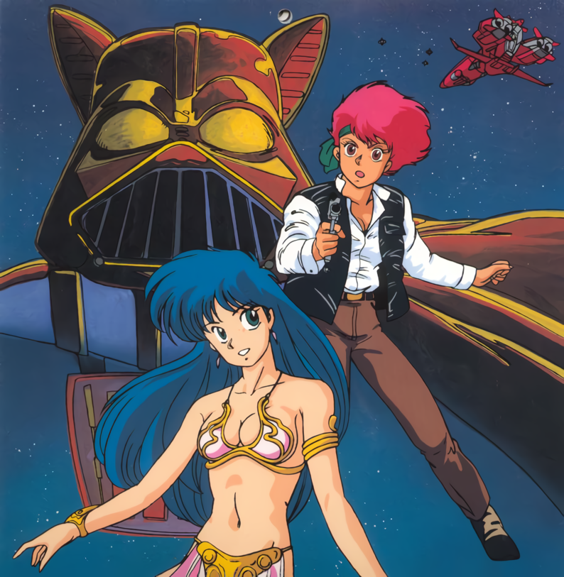 1980s_(style) armlet bikini bikini_top_only blaster_(star_wars) blue_eyes blue_hair bracelet cosplay darth_vader darth_vader_(cosplay) dirty_pair earrings grin gun han_solo han_solo_(cosplay) handgun headband helmet holding holding_gun holding_weapon huttslayer_leia jewelry kei_(dirty_pair) long_hair long_sleeves mughi navel oldschool open_mouth parody princess_leia princess_leia_(cosplay) red_eyes red_hair retro_artstyle short_hair smile space spacecraft star_wars star_wars:_return_of_the_jedi swimsuit weapon yuri_(dirty_pair)