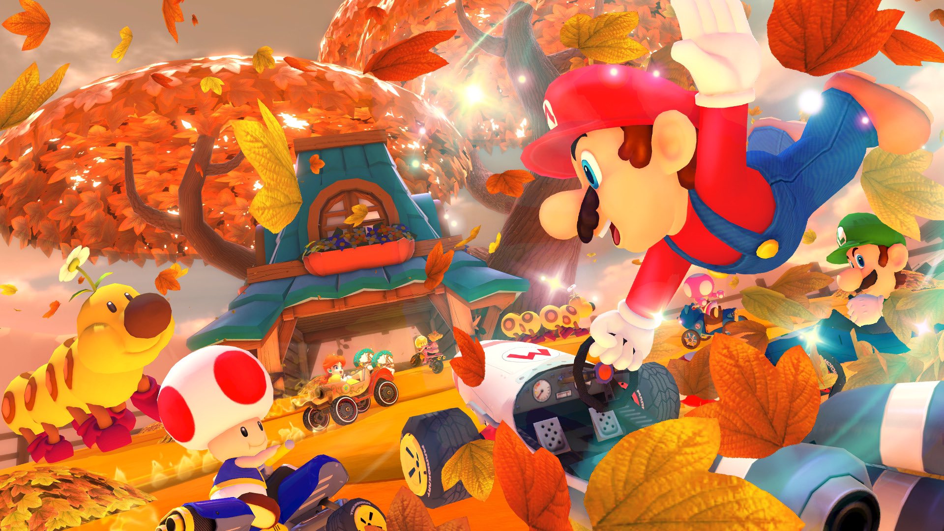 2girls 4boys angry brown_hair driving facial_hair flower forest gloves grin highres kart leaves looking_back luigi mario mario_(series) mario_kart mario_kart_tour multiple_boys multiple_girls mustache nature nintendo overalls princess_daisy princess_peach racing smile toad_(mario) toadette tree wiggler
