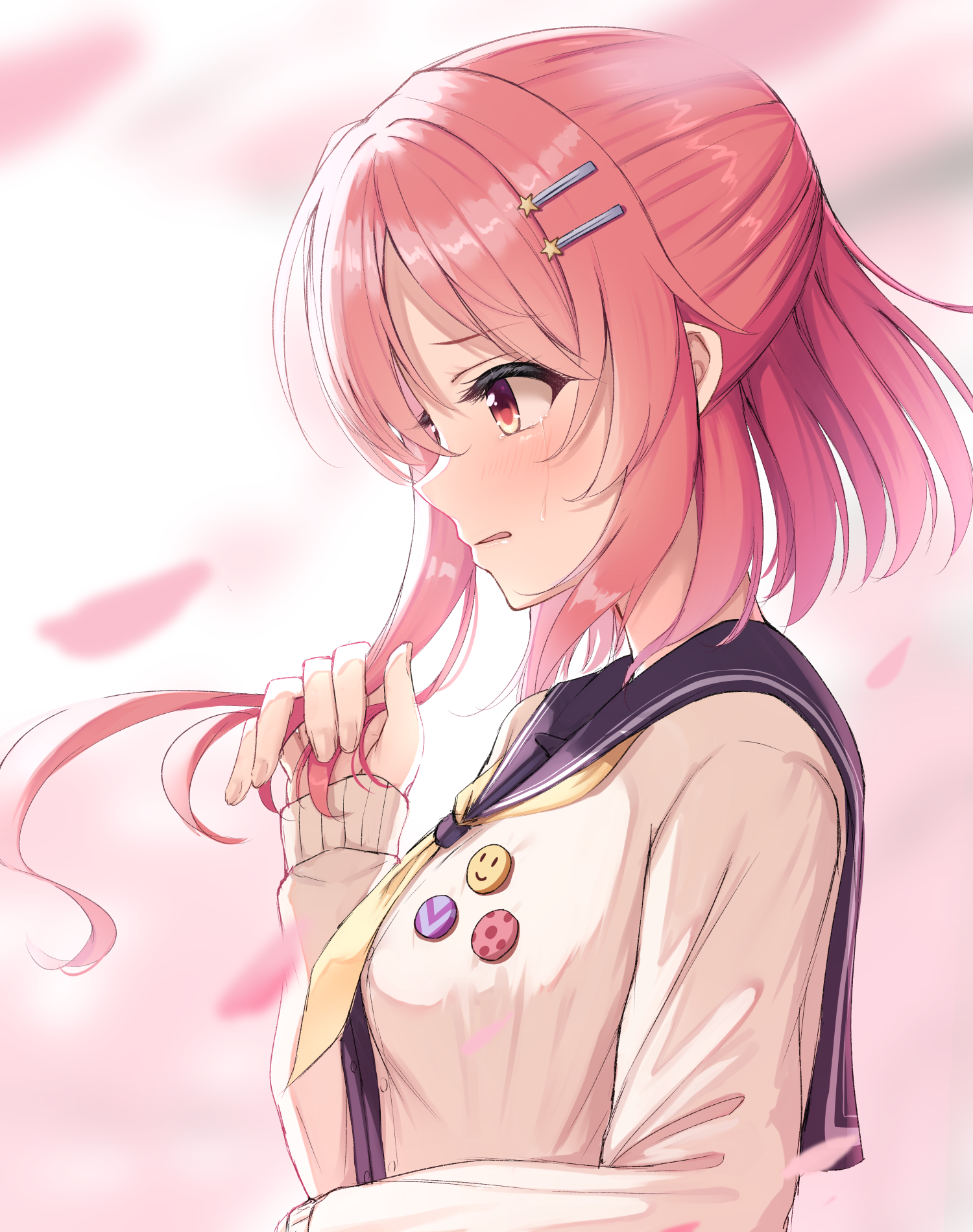 1girl 2024 badge black_sailor_collar blurry blush brown_cardigan button_badge cardigan commentary_request crying crying_with_eyes_open dated_commentary depth_of_field eyelashes falling_petals from_side hair_ornament hairclip half_updo hand_on_headwear hand_up highres koi_kakeru_shin-ai_kanojo long_hair long_sleeves ncontrail_(mgax7527) neckerchief open_mouth petals pink_background pink_hair profile raised_eyebrows red_eyes sad sailor_collar school_uniform serafuku shindou_ayane side_ponytail simple_background sleeves_past_wrists smile_emoji solo star_(symbol) star_hair_ornament streaming_tears tears tsurime upper_body yellow_neckerchief
