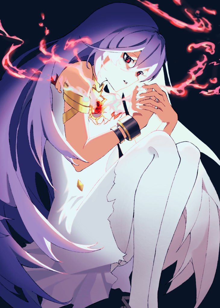 1girl alchemy_stars aoto_rei bare_shoulders black_background brooch cuffs detached_collar dress feet_out_of_frame fetal_position fire grey_hair hair_between_eyes jewelry long_hair own_hands_together pantyhose red_eyes solo strapless strapless_dress torn_clothes torn_dress uriel_(alchemy_stars) white_dress white_pantyhose