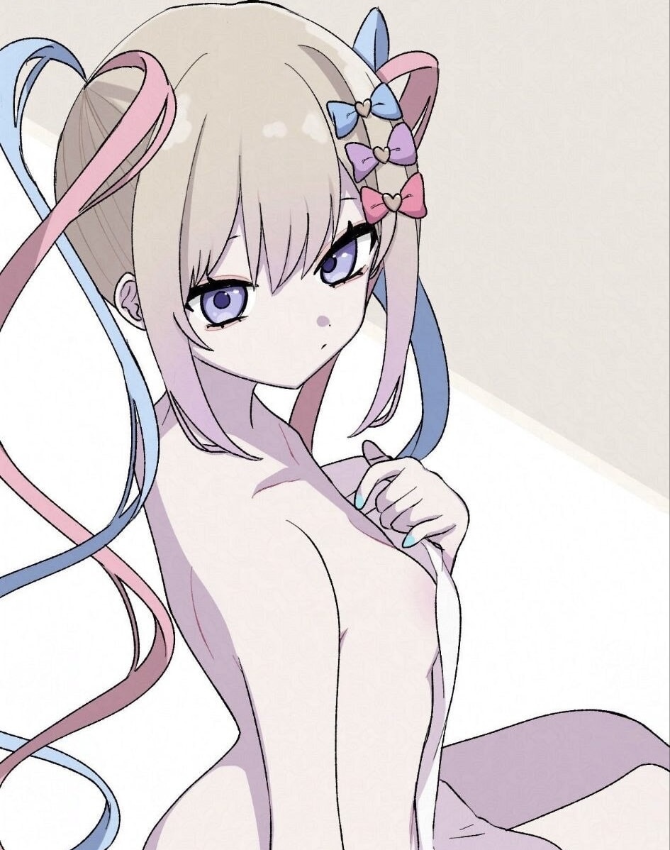 1girl blue_eyes blue_ribbon chouzetsusaikawa_tenshi-chan female_focus hair_ornament hair_ribbon looking_at_viewer multicolored_hair naked_towel needy_girl_overdose pink_ribbon purple_eyes purple_ribbon ribbon simple_background sitting solo tagme towel towel_over_breasts