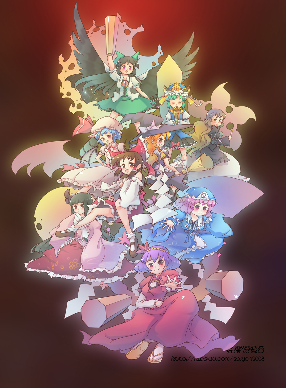 6+girls :o arm_cannon ascot bat_wings black_hair blonde_hair blue_hair bow braid broom brown_eyes brown_hair detached_sleeves dress everyone closed_eyes female_focus full_body gohei gradient_hair green_hair grin hair_ribbon hair_tubes hairband hakurei_reimu happy hat highres hijiri_byakuren houraisan_kaguya japanese_clothes kirisame_marisa leaf long_hair miko multicolored_hair multiple_girls pink_hair purple_hair red_eyes reiuji_utsuho remilia_scarlet ribbon rope saigyouji_yuyuko sandals shiki_eiki shimenawa shoes short_hair sidelocks sitting smile socks touhou weapon wings witch witch_hat xin_yu_hua_yin yasaka_kanako zxyon2008