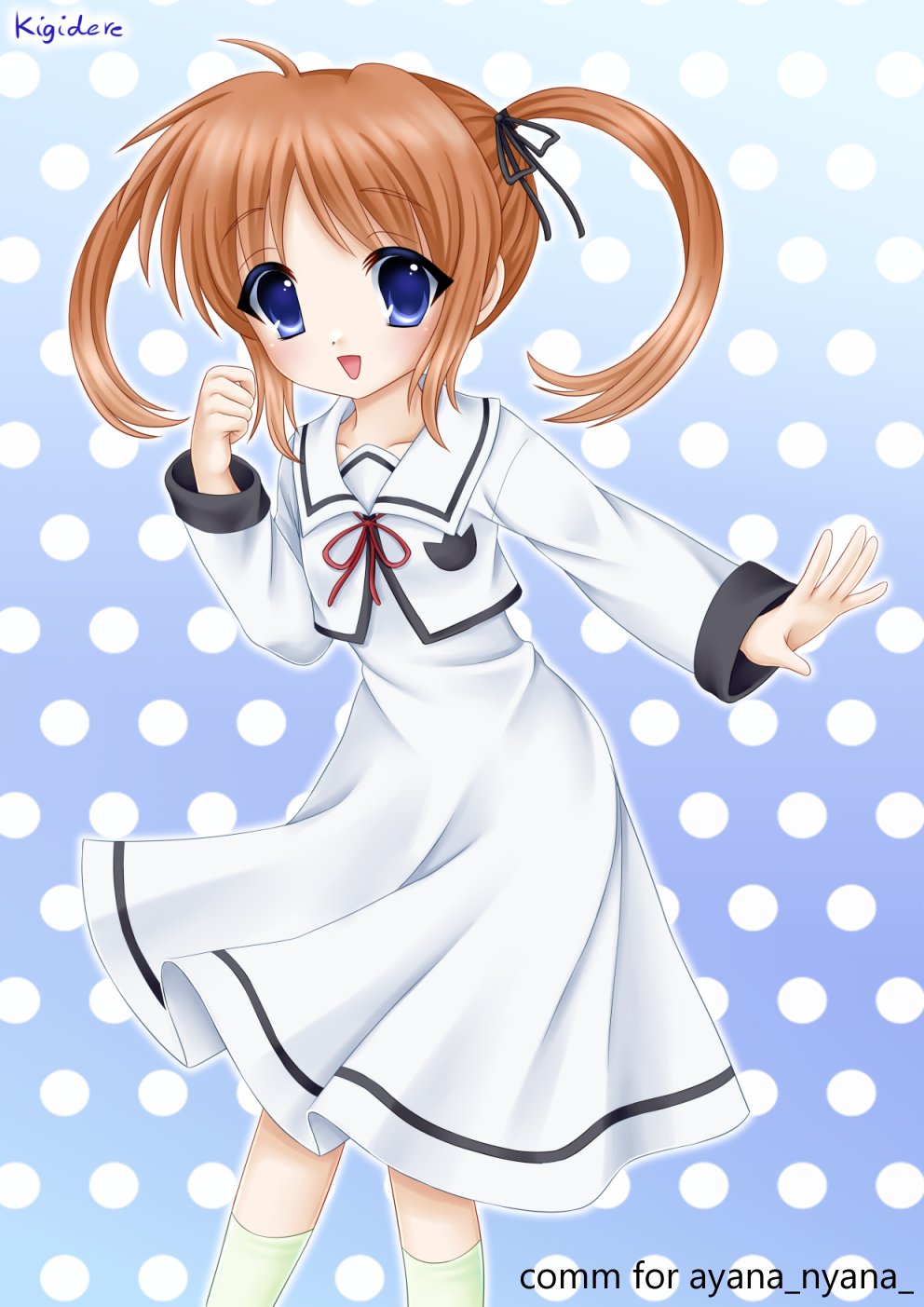 1girl artist_name blue_background blue_eyes brown_hair commentary commission commissioner_name dress english_commentary feet_out_of_frame green_socks hand_up highres jacket kigidere long_sleeves looking_at_viewer lyrical_nanoha open_mouth parted_bangs polka_dot polka_dot_background school_uniform seishou_elementary_school_uniform signature smile socks solo standing takamachi_nanoha twintails white_dress white_jacket