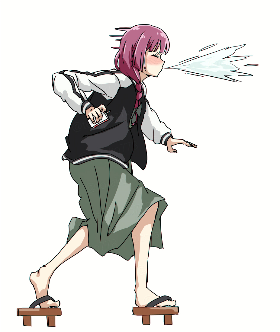1girl alcohol_carton black_jacket black_nails blush bocchi_the_rock! bow closed_eyes dress drinking_straw fighting_game fingernails from_side full_body geta green_bow green_dress hair_bow hair_over_shoulder heel_up hiroi_kikuri hokuto_no_ken hokuto_no_ken:_shinpan_no_sousousei_kengou_retsuden holding_carton jacket jagi long_hair long_sleeves low-braided_long_hair low-tied_long_hair medium_dress multicolored_jacket nail_polish open_clothes open_jacket pink_hair simple_background solo spit_take spitting torako_(toramaru) twitter_username two-tone_jacket v-shaped_eyebrows watermark white_background white_jacket