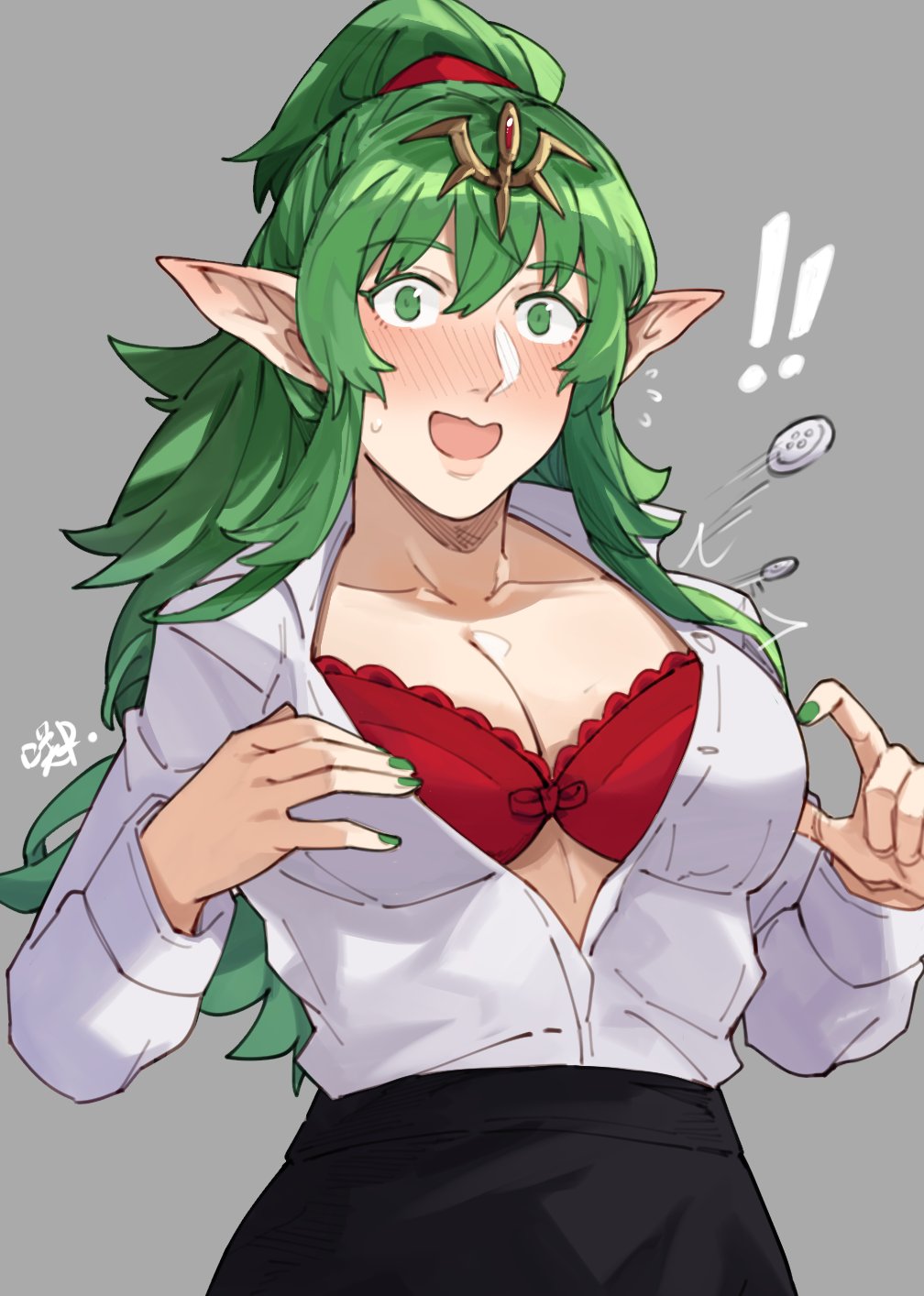! !! 1girl alternate_costume blush bra breasts cleavage embarrassed english_text fire_emblem fire_emblem_awakening green_eyes green_hair grey_background hair_ribbon highres inconvenient_breasts large_breasts long_hair looking_at_viewer nail_polish nintendo office_lady official_alternate_costume open_mouth pencil_skirt pointy_ears ponytail popped_button red_bra red_nails ribbon sakuremi simple_background skirt smile solo sweatdrop tiara tiki_(adult)_(fire_emblem) tiki_(fire_emblem) undersized_clothes underwear wardrobe_malfunction wavy_hair