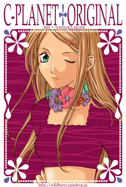 1girl bad_id brown_hair commentary_request crop_top flower flower_necklace green_eyes green_flower hair_flower hair_ornament hairclip hand_on_own_hip izumi_natsuka jewelry light_smile long_hair long_sleeves looking_at_viewer necklace one_eye_closed original pink_flower purple_background purple_flower purple_shirt shirt single_sidelock solo upper_body
