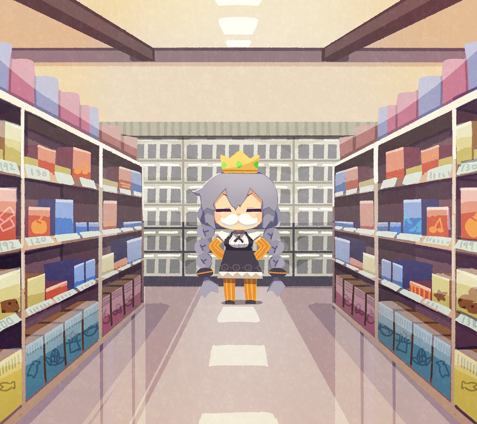 1girl =_= aisle black_dress blush_stickers braid chibi collared_shirt commentary_request cross_tie crown dress facing_viewer fake_facial_hair fake_mustache gloves grey_hair hands_on_own_hips highres king kizuna_akari konohoshi long_hair orange_gloves orange_pantyhose pantyhose puffy_short_sleeves puffy_sleeves ribbed_shirt shelf shirt short_sleeves solo standing striped_clothes striped_gloves striped_pantyhose supermarket twin_braids v-shaped_eyebrows vanishing_point vertical-striped_clothes vertical-striped_gloves vertical-striped_pantyhose very_long_hair vocaloid voiceroid white_shirt wide_shot