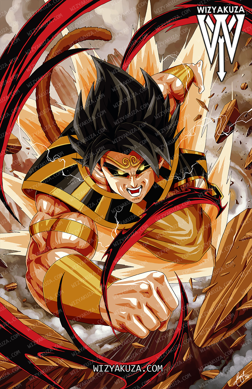 10s 1boy alternate_costume alternate_universe artist_name aura black_sclera colored_sclera dragon_ball dragon_ball_super highres monkey_tail muscular no_pupils rock saiyan signature son_goku spiked_hair tagme tail wizyakuza wristband yellow_eyes