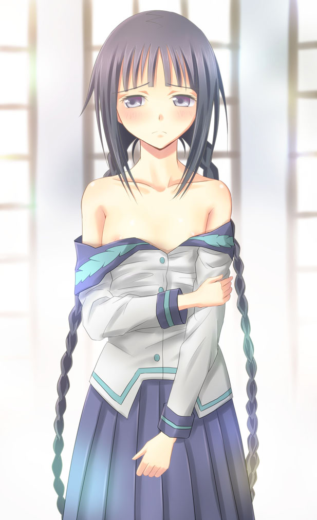 1girl amano_tooko bad_id bad_pixiv_id blue_eyes blue_hair blush braid bungaku_shoujo female_focus kanden_sky long_hair matching_hair/eyes school_uniform serafuku solo twin_braids undressing very_long_hair