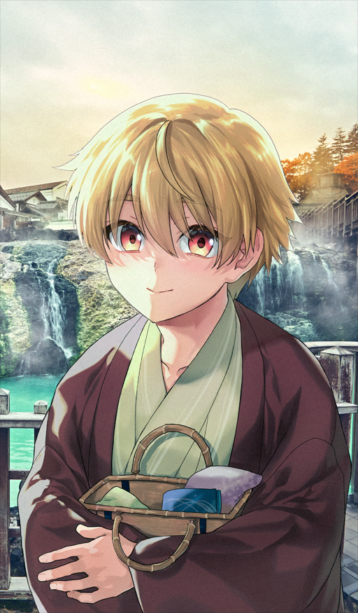 1boy basket blonde_hair child child_gilgamesh_(fate) closed_mouth commentary_request fate/grand_order fate_(series) game_cg gilgamesh_(fate) green_kimono hair_between_eyes holding holding_basket japanese_clothes kimono looking_at_viewer male_focus official_art outdoors red_eyes short_hair sky smile solo tenkuu_sphere third-party_source upper_body