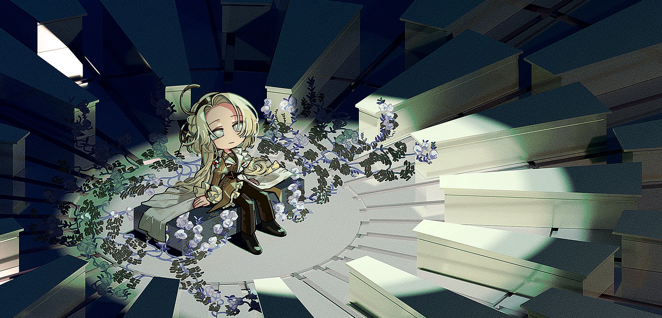 1girl ahoge arknights arm_support black_pants braid coat commentary crown_braid flower full_body gears green_coat green_eyes green_hair grey_flower grey_rose highres kristen_(arknights) light_smile long_hair looking_up pants purple_flower purple_rose rose sanada_ima sitting solo white_flower white_rose
